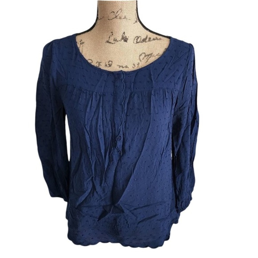 Anthropologie Maeve Navy Blue Swiss‎ Dot Pintuck Button Up Blouse Top Size 6